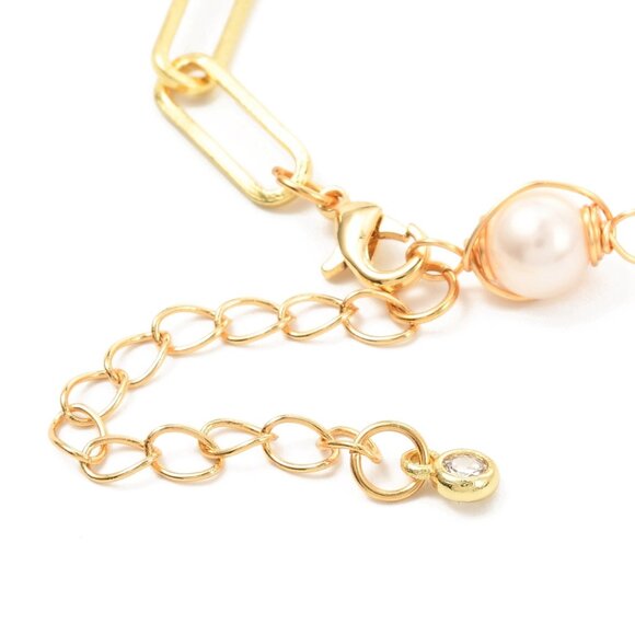 NWOT Wire wrapped natural Pearls W Gold Paperclip chain two heart Bracelet - Picture 5 of 5